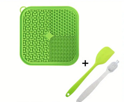 Square Green Lick Mat, with spatula and cleaning brush